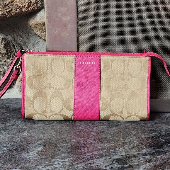 Coach Handbags - Coach Signature Pink/Tan Leather/Canvas Wristlet Wallet